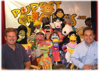 Jeff Shrewsbury and Kevin Carlson with the PuppetGreetings character family